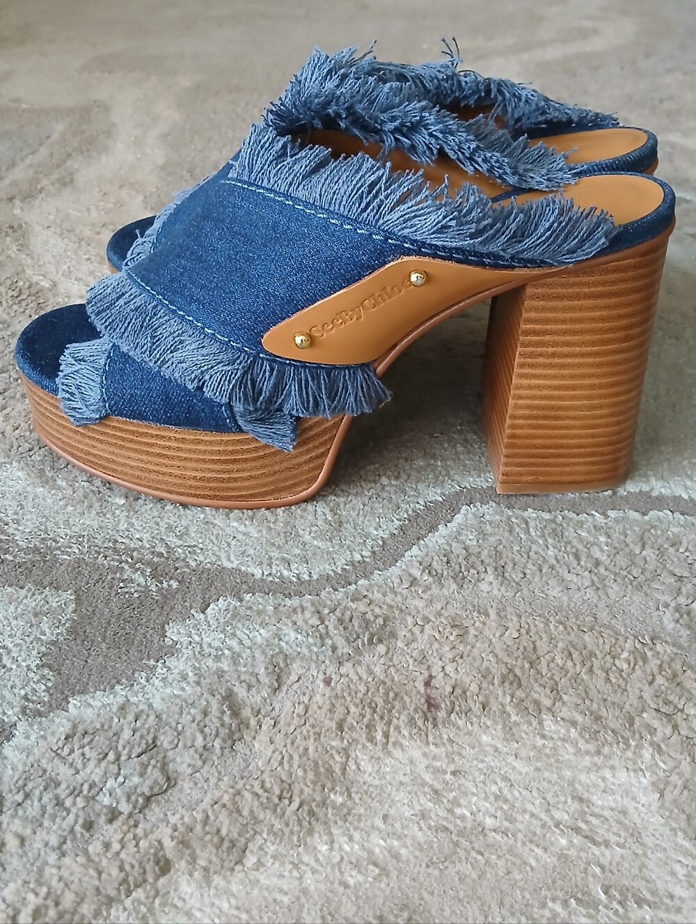 See By Chloe Denim Fringed Platform Mules with Stacked Heel